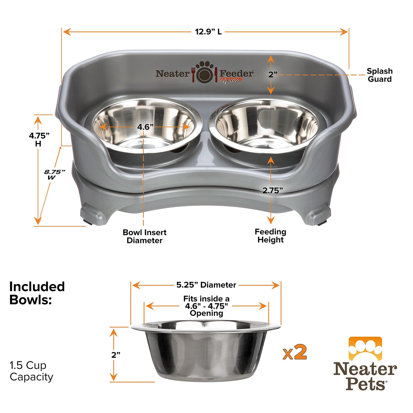 Neater Feeder Express Mess Proof Dog Bowls Elevated for Small Breeds Under 15 Lb, Made in USA, No Spill Raised Dog Food Bowl Stand, Stainless Steel Food and Water Bowl Set, Feeding Station, Grey