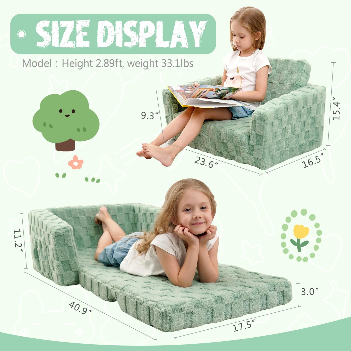 Toddler Couch for Kids, 2-in-1 Kids Fold Out Couch with Flip Open Sofa Lounger, Soft Flannel Kids Sofa Chair for Playroom Bedroom, Green