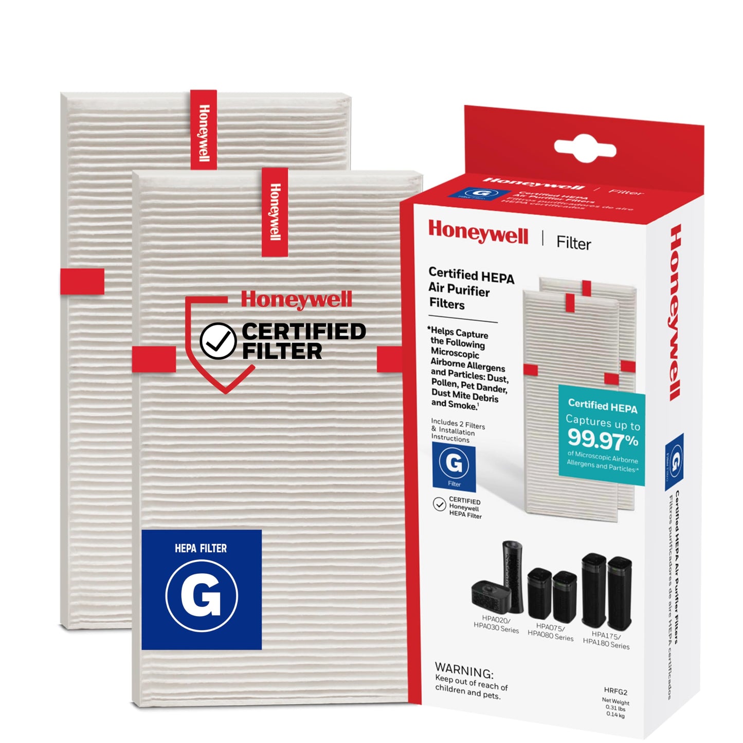 Honeywell HEPA Air Purifier Filter G, 2-Pack for HPA030/HPA080 & HPA180 Series. Airborne Allergen Air Filter Targets Wildfire/Smoke, Pollen, Pet Dander, and Dust
