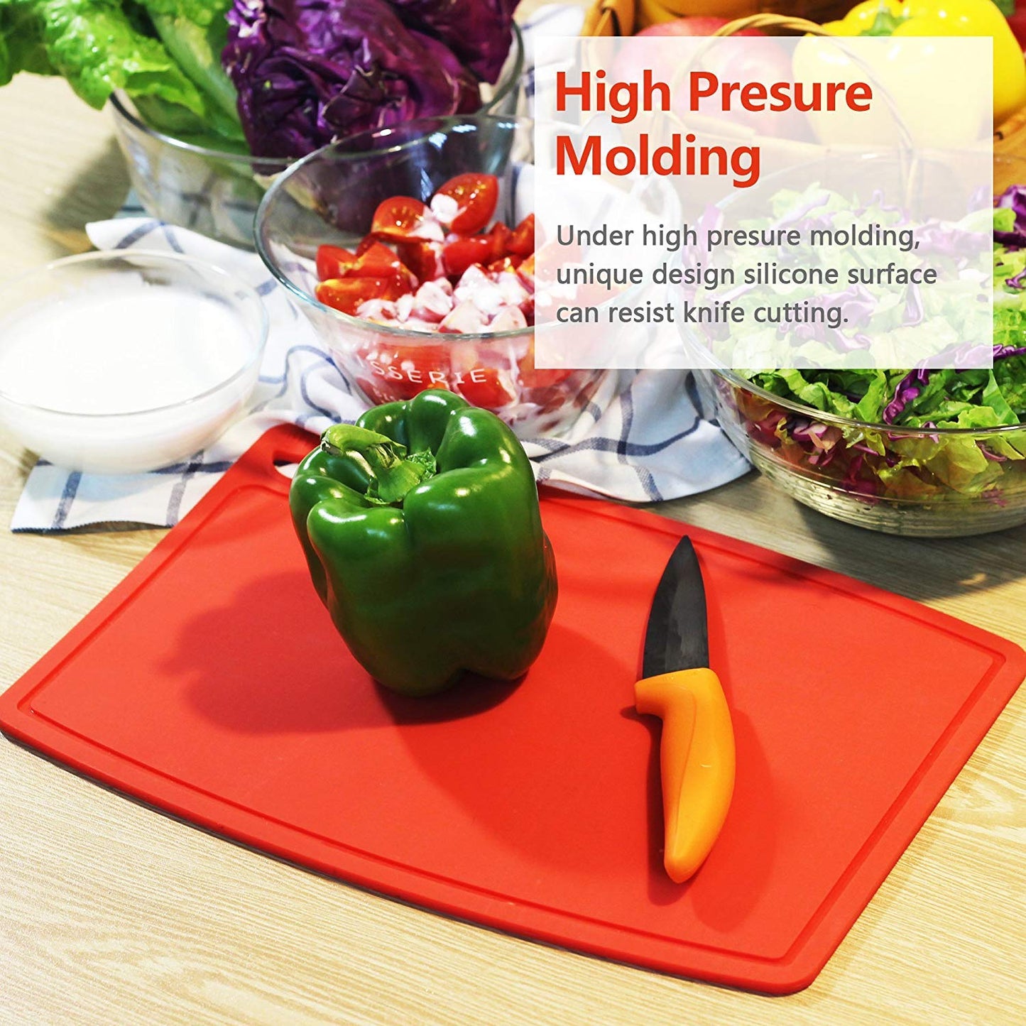 Liflicon Silicone Thick Cutting Boards Mats Set of 3pcs Foldable & Flexible Design Juice Grooves Easy Grip Handle Dishwasher Safe for Kitchen,BPA free Silicone Cutting Boards/Mats-Red