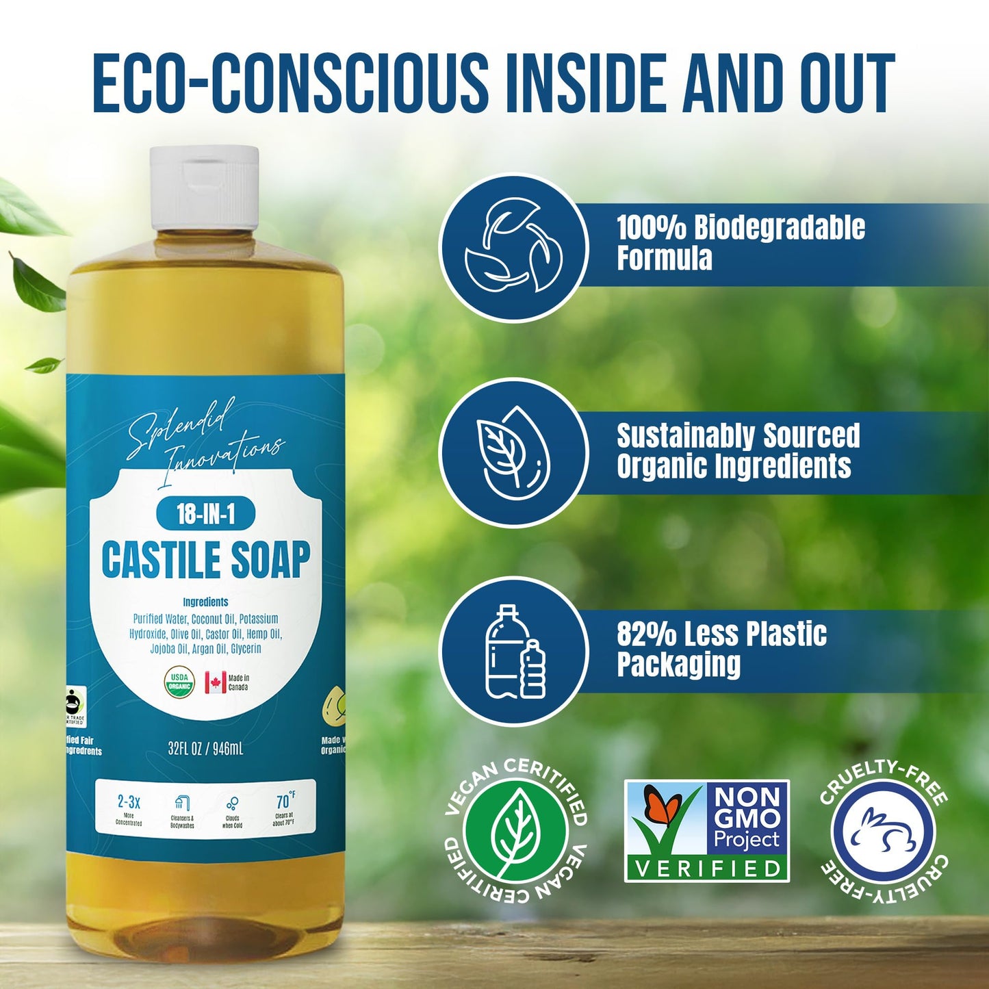 Castile Liquid Soap 946ml, Made in Canada Organic Certified, Unscented Baby Soap, Made with Organic Oils, 18-in-1: Face, Hair, Laundr, Dishes, Plant Food, 82% Less Plastic, For Sensitive Skin and Babies, 32 oz, All-Purpose, Biodegradable, Hand Soap, Non-G