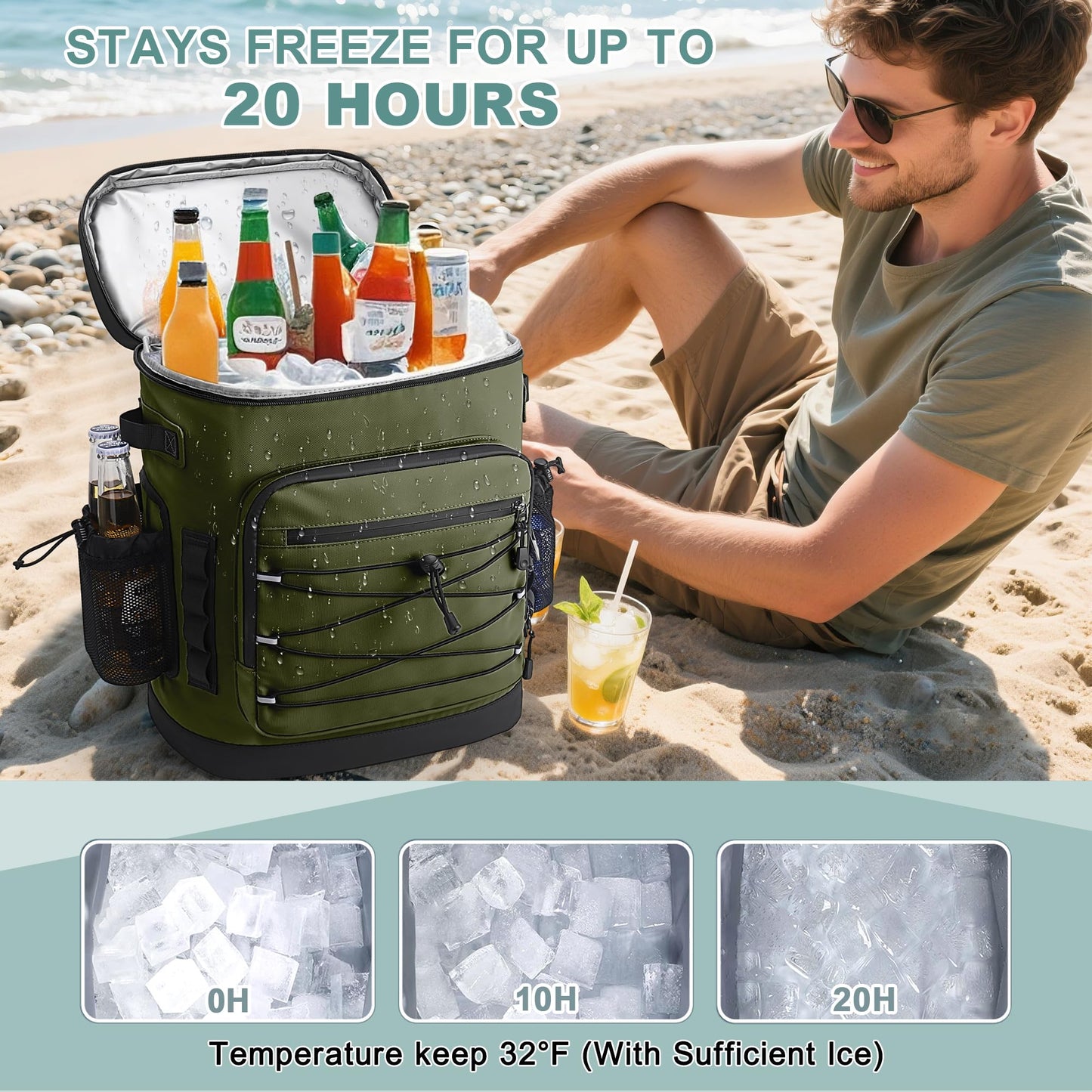 YOUNGOA Large 52cans Cooler Backpack, Insulated, Waterproof, Leak Proof, 30L Large Capacity (Green)