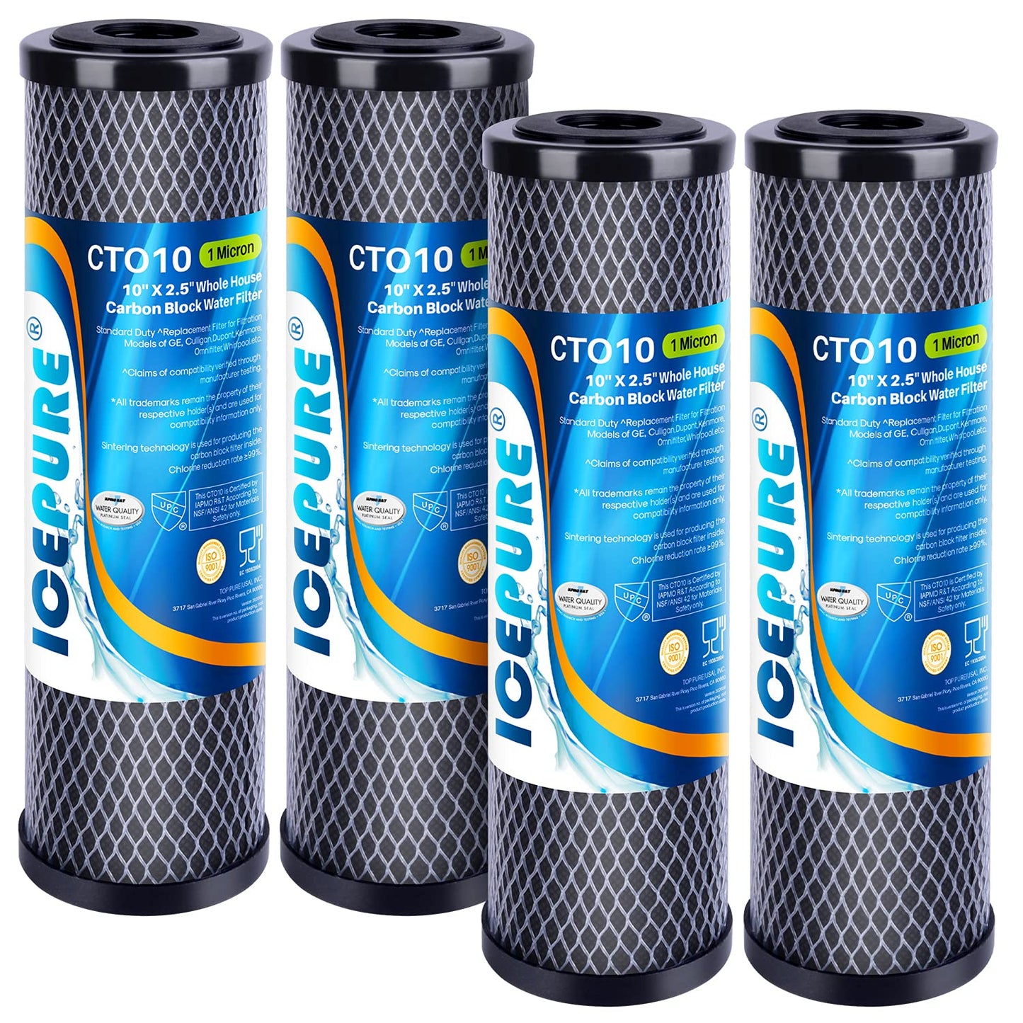 ICEPURE 1 Micron 2.5" x 10" Whole House CTO Carbon Sediment Water Filter Cartridge Compatible with Dupont WFPFC8002, WFPFC9001, SCWH-5, WHCF-WHWC, WHCF-WHWC, FXWTC, CBC-10 (4 Count (Pack of 1))