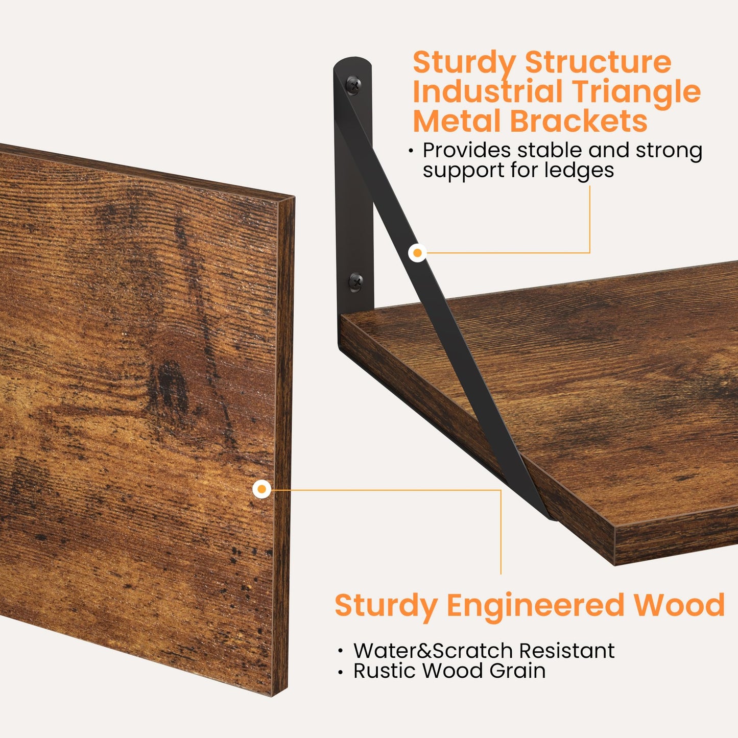 Rustic Brown Floating Shelves for Wall, 16W x 12D Inch Wood Wall Shelves Set of 2, Wide Floating Bookshelf for Living Room, Kitchen, Office, Bedroom Storage & Decoration with Metal Bracket