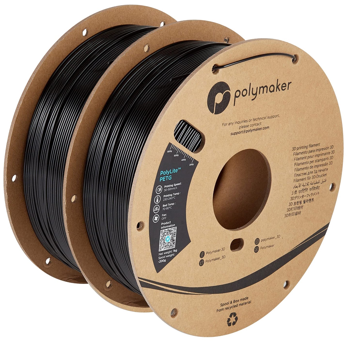 Polymaker PolyLite 3D Printer PETG Filament 1.75mm 2kg Black*2, Legacy PETG Formula, +- 0.03mm Dimensional Accuracy, Reliable Everyday Filament, Strong Layer Bonding, Compatible with Most 3D Printers