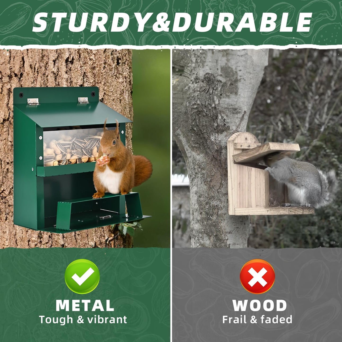 Squirrel Feeders for Outside, Metal Squirrel Feeder with Flip Lid, Large Transparent Bin, Outdoor Hanging Squirrel Feeder for Squirrel, Chipmunks, Wildlife, Great Gift for Mom & Nature Lovers