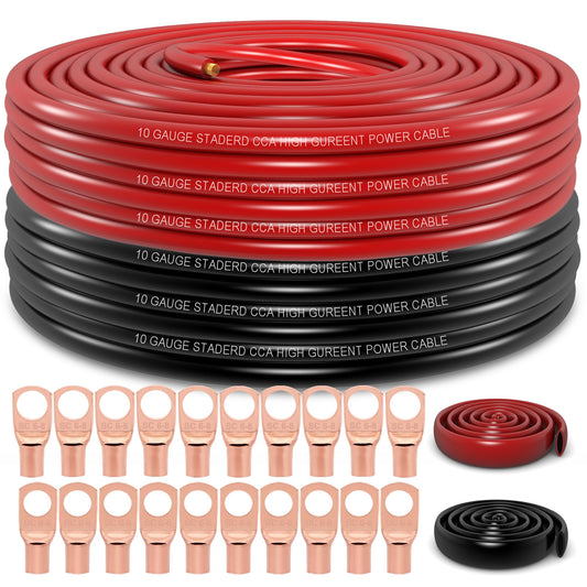 10 Gauge Wire (100ft Each- Black/Red) Copper Clad Aluminum CCA,20 pcs Lugs Terminal Connectors with 3:1 Heat Shrink Tube for Power/Auto,Amplifier,Ground Cable
