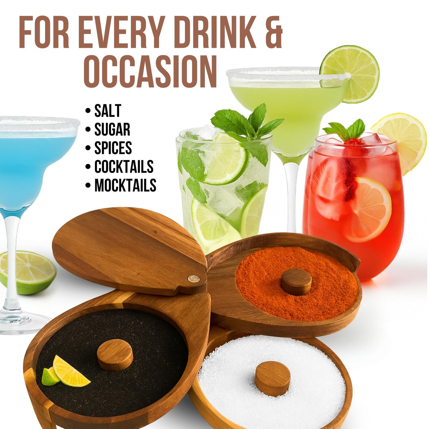 3-Tier Margarita Salt Wood Rimmer Tray Set – Brown Acacia Wood Cocktail Rimmer with Lid Includes 3 Sponges for Sugar Rimmer for Cocktails Rim Salt for Cocktails Margarita Gift Sets