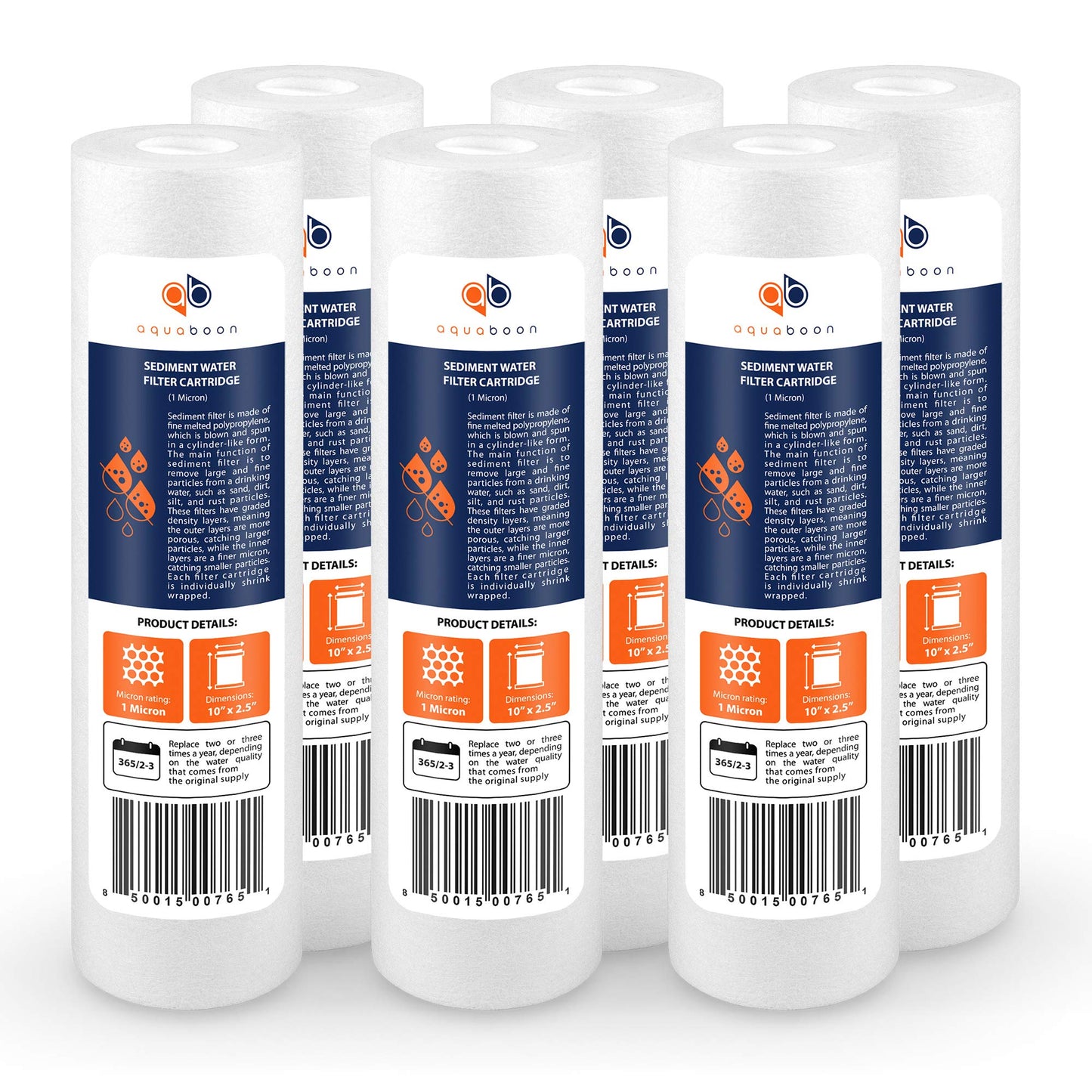 Aquaboon Whole House Sediment Filter 1 Micron 10 x 2.5 Compatible with Water Filters Replacement Cartridges AP110, Culligan P5, WHKF-GD05, 6 Pack