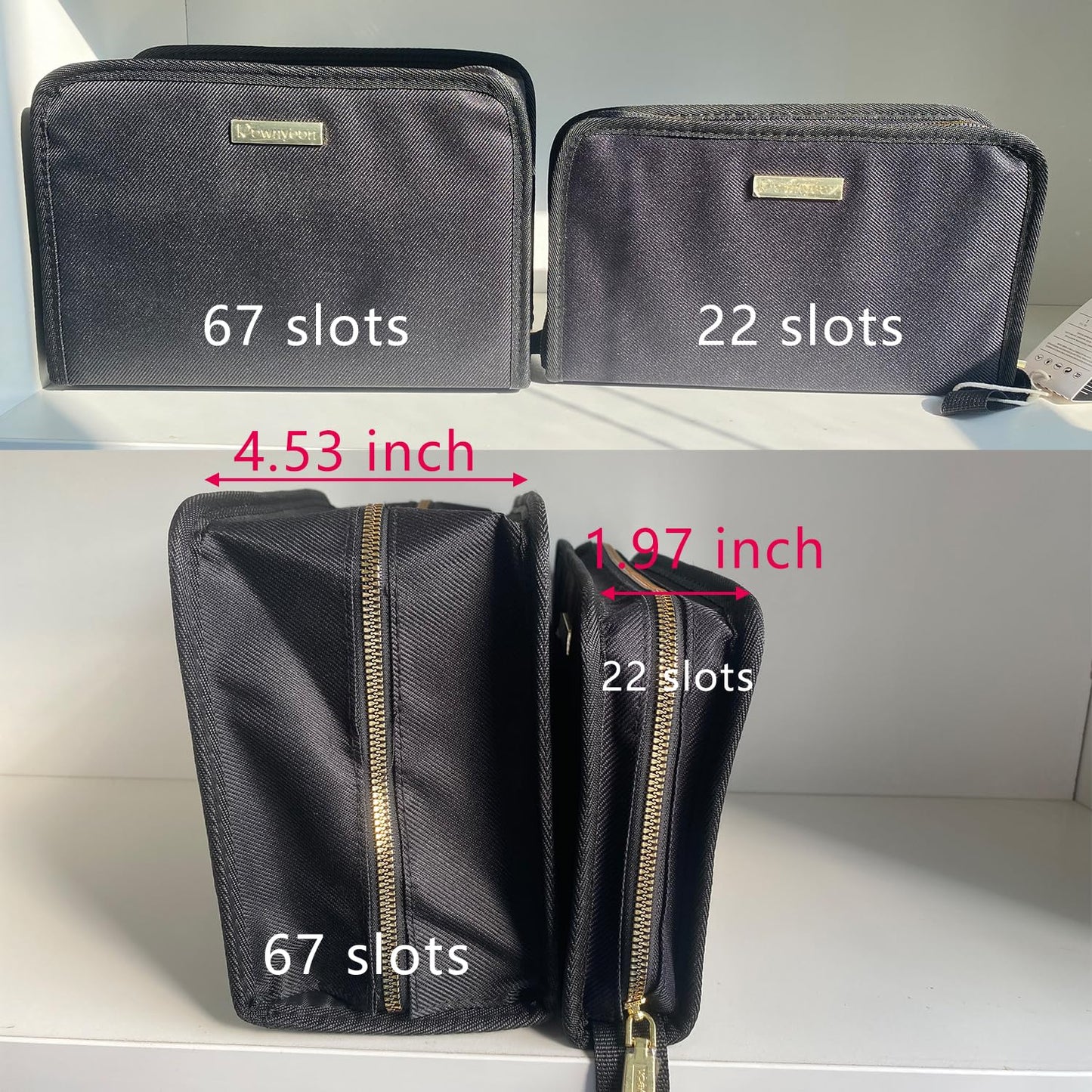 ROWNYEON Lipstick Organizer Case Lipstick Holder Lip Gloss Portable Display Lipstick Cosmetic Storage Bag Makeup Travel Bag Makeup Train Case with Carrying Handle (67 Slot Golden Zipper Black)