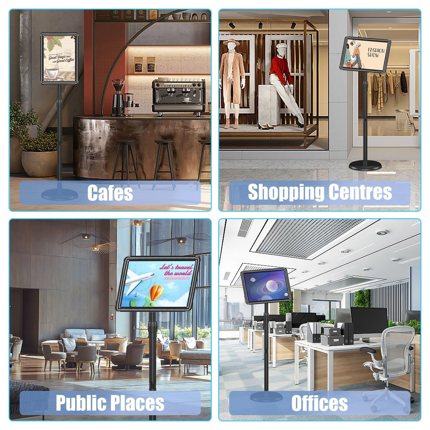 Pedestal Sign Holder Stand 8.5x11 Inch Adjustable Heavy Duty Floor Standing Sign Stand with Round Base Snap open frame 360° Rotation for Trade Show Shopping Malls Business Store Black 2 Pack