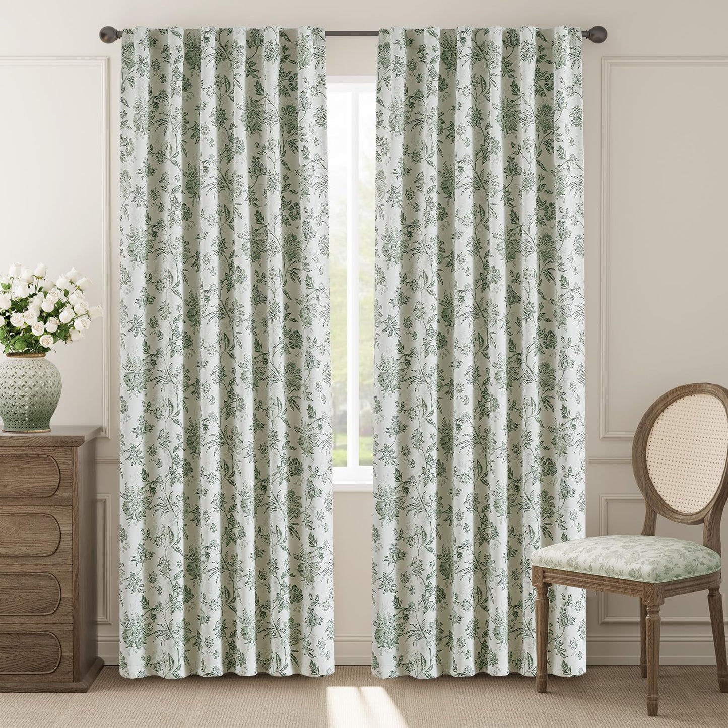 jinchan Blackout Floral Curtains for Bedroom, 84 Inches Long Printed Flower Black Out Curtains, French Country Back Tab Sage Green Window Treatment Farmhouse Drapes Set 2 Panels Green