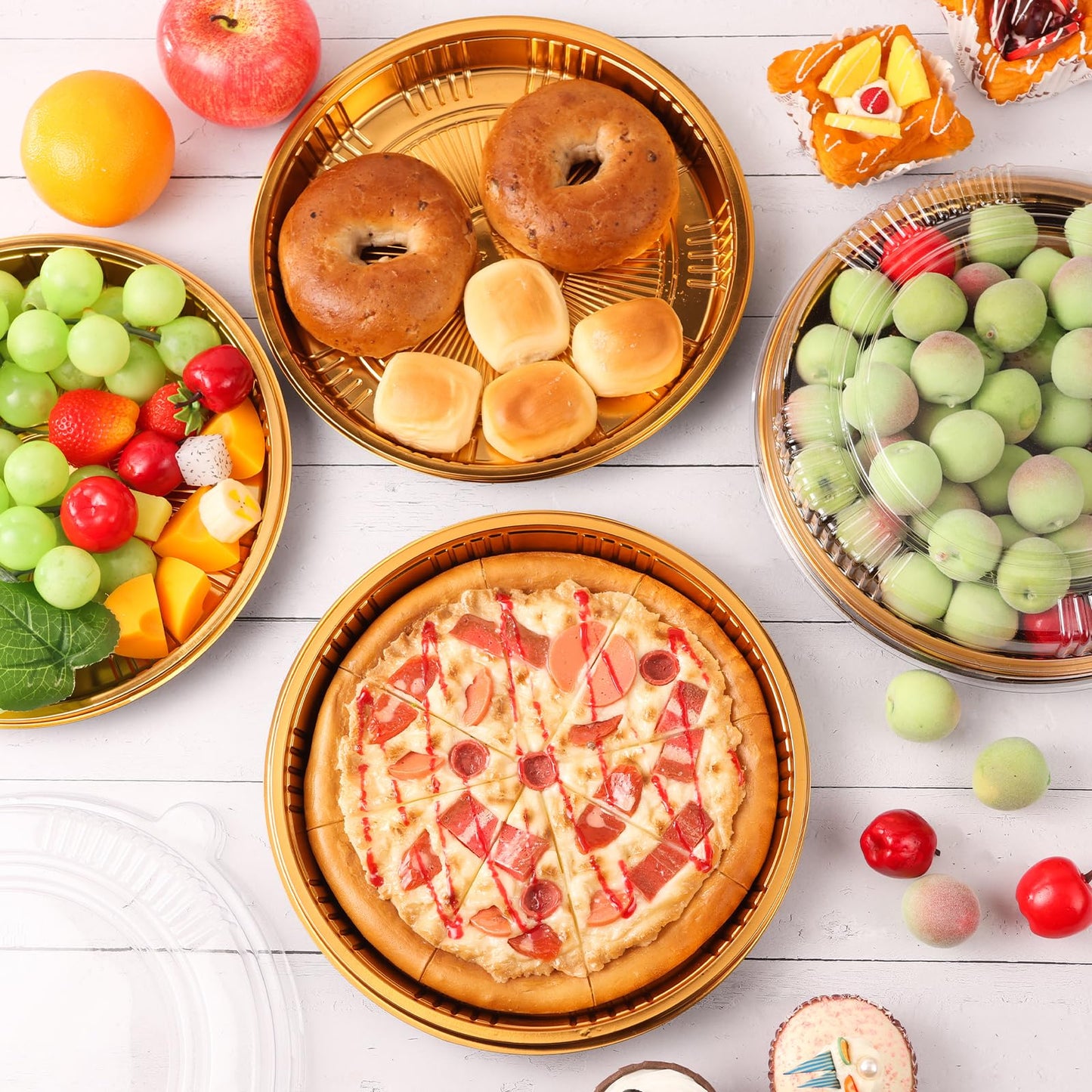 Yoiemivy 24 Pack Disposable Pie Carrier with Clear Lid, 9'' Plastic Serving Tray Round Pie Platters Pizza Container for Pies Salad Meal Prep