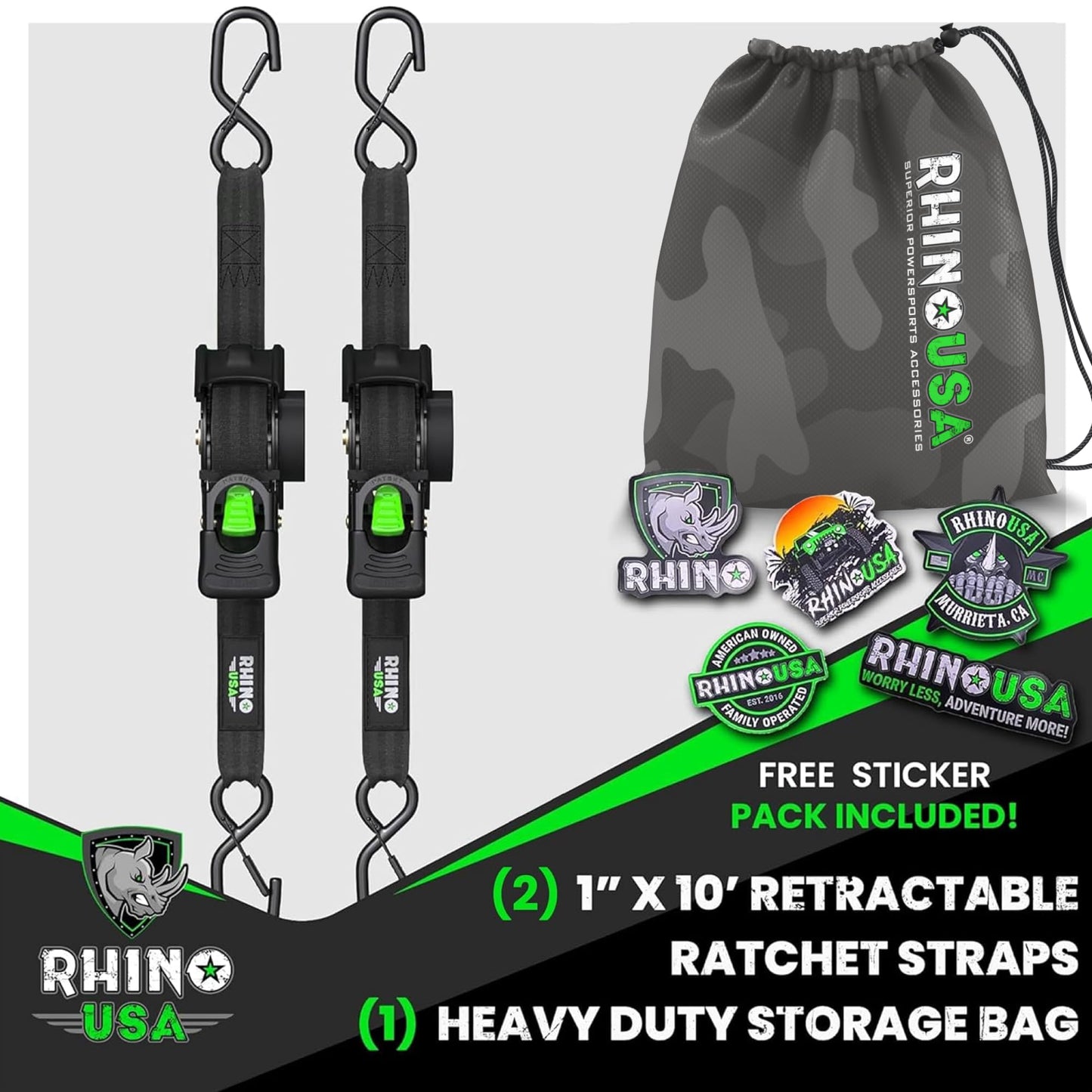 Rhino USA Retractable Ratchet Straps (2-Pack) - 1 Inch x 10 Feet (1,209lb Break Strength) - Auto Self Retracting Tie Down Straps for Truck, Cargo Trailer, Motorcycle, Rad & More - Black
