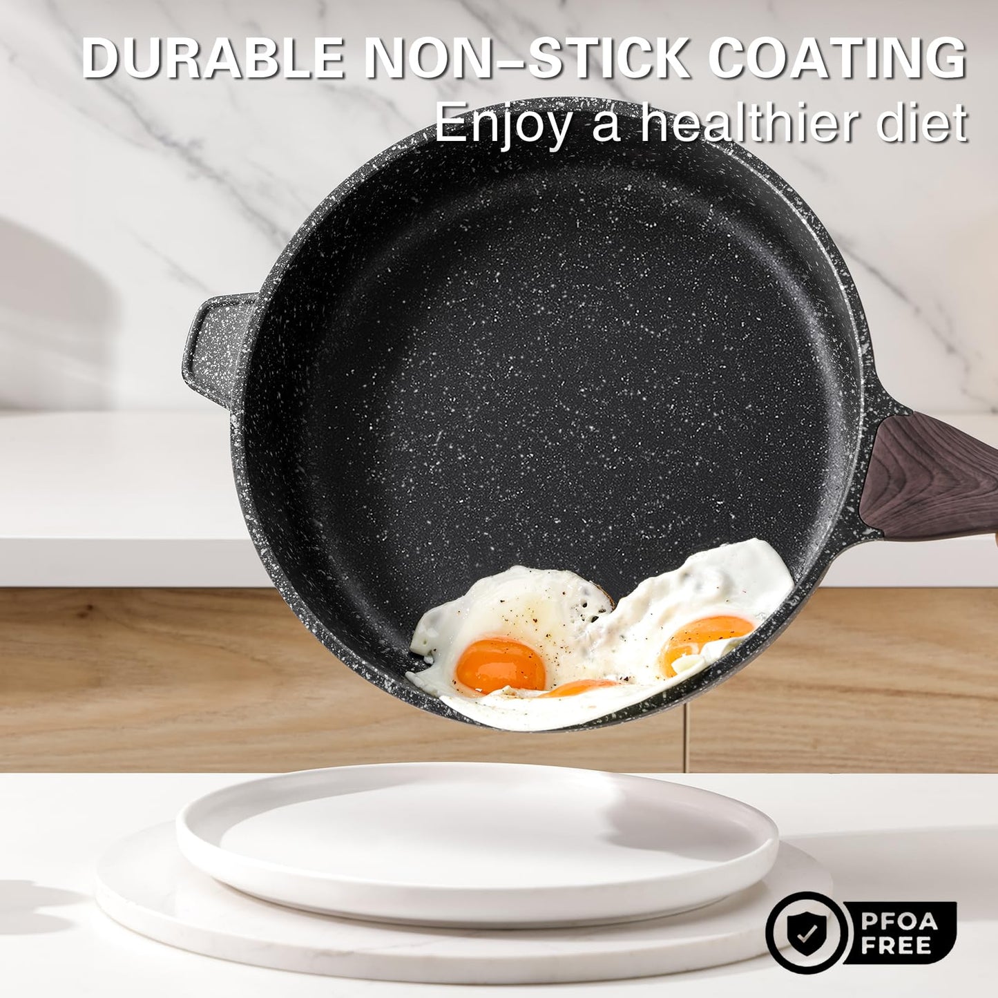 Kordisen Nonstick Deep Frying Pan with Lid, 12 Inch Large Skillet, Granite Stone Saute Pan for Cooking, Chefs Pan, Induction Cookware, Compatible with All Stovetops, PFOA Free