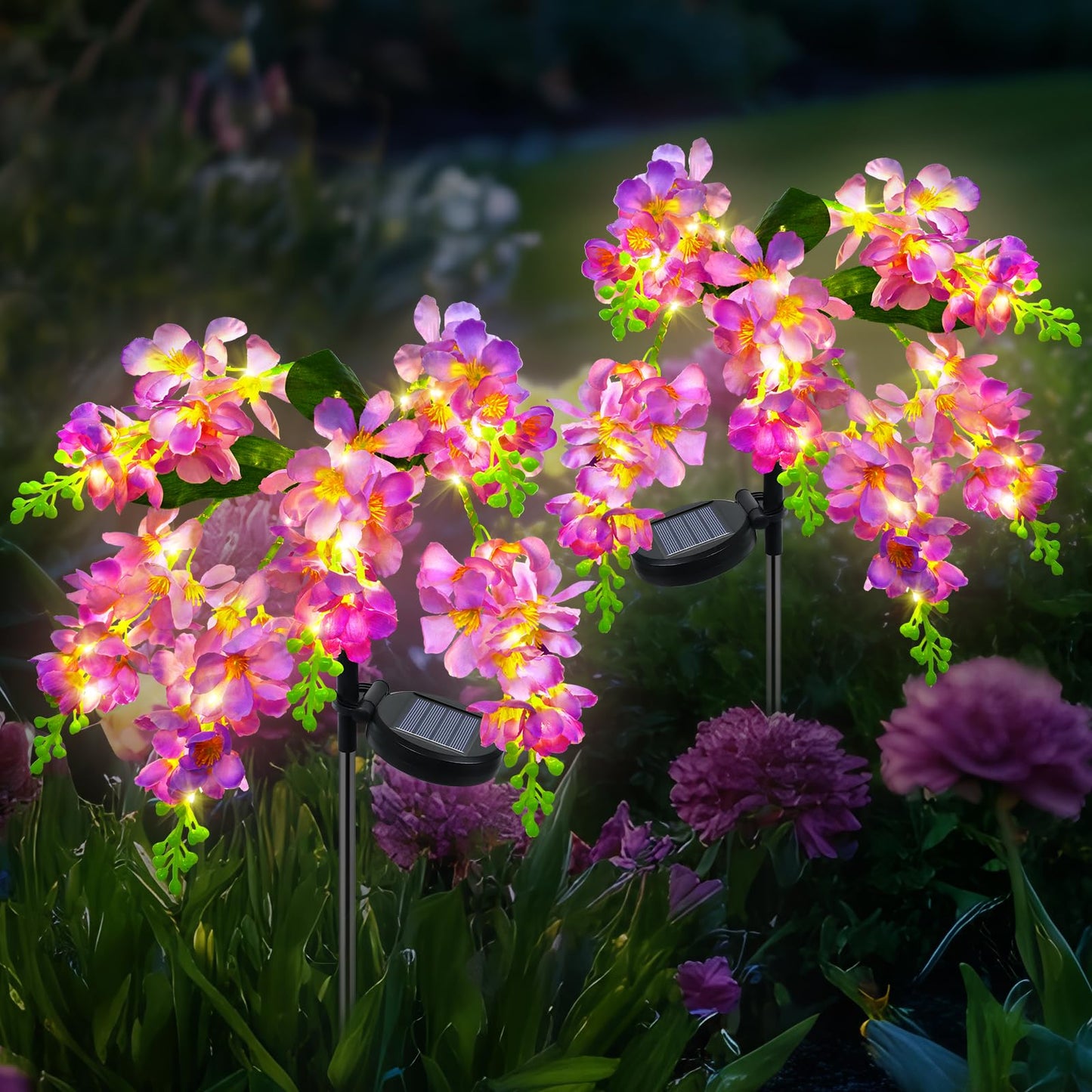 Ninonly Solar Garden Lights, 2 Pack Solar Violet Flowers Lights Outdoor, 600mAh Waterproof Solar Powered Pathway Lights for Patio Yard Landscape Decoration