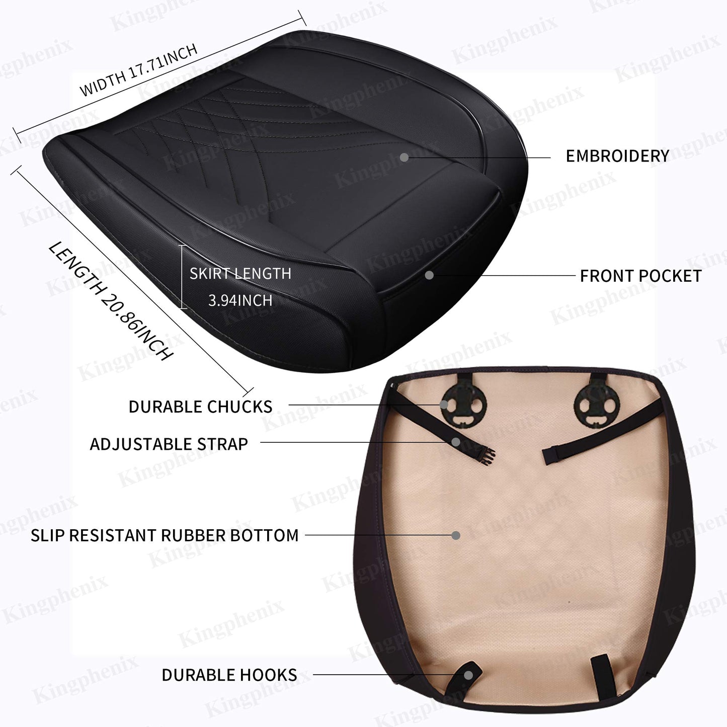 kingphenix Premium PU Car Seat Cover - Front Seat Protector Works with 95% of Vehicles - Padded, Anti-Slip, Full Wrapping Edge - (Dimensions: 21'' x 20.5'') - 1 Piece, Black