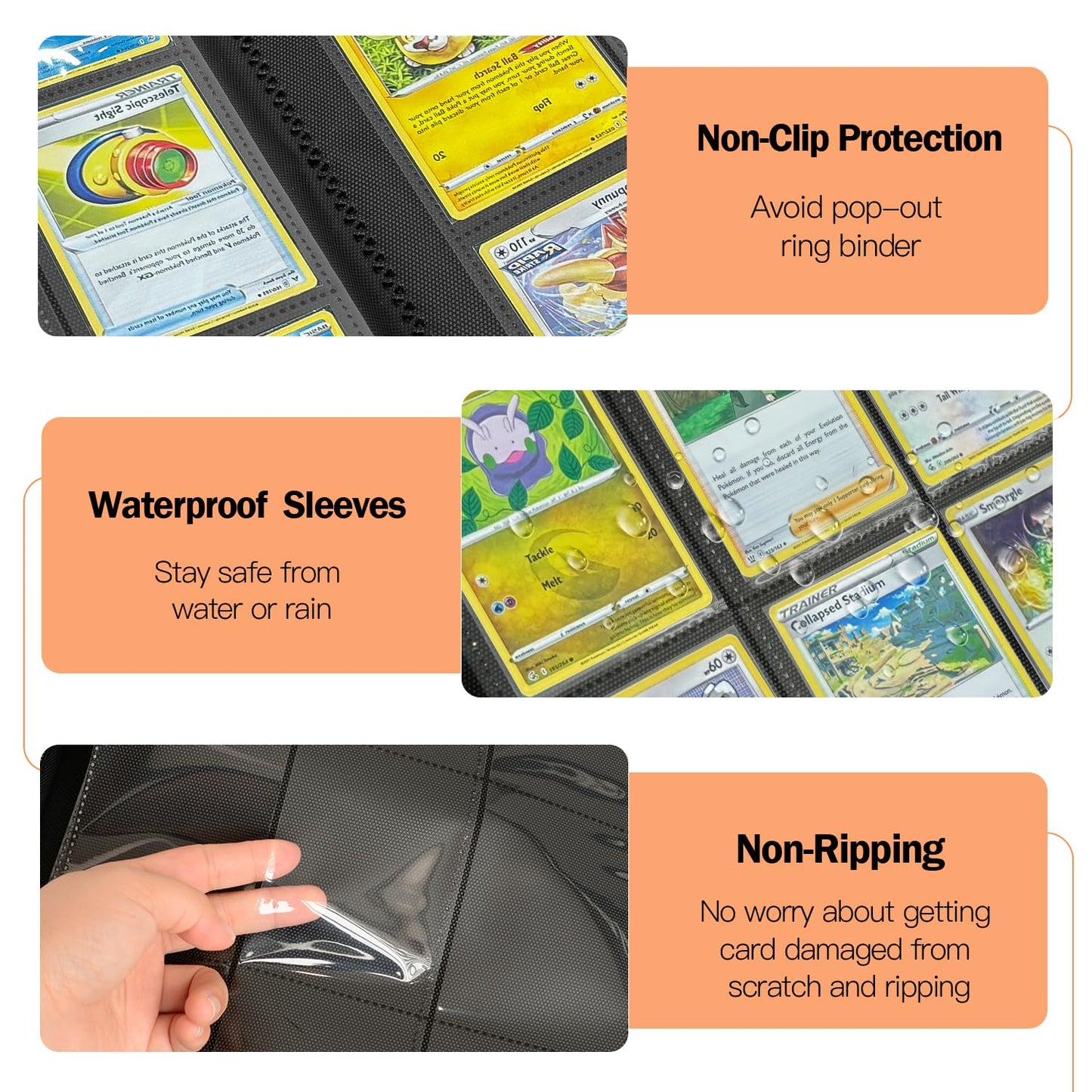 Card Binder 9 Pocket, Trading Card Zip Binder, 30 Side-Loading Pages, 540 Cards, Folder for Collectible Games (Orange)