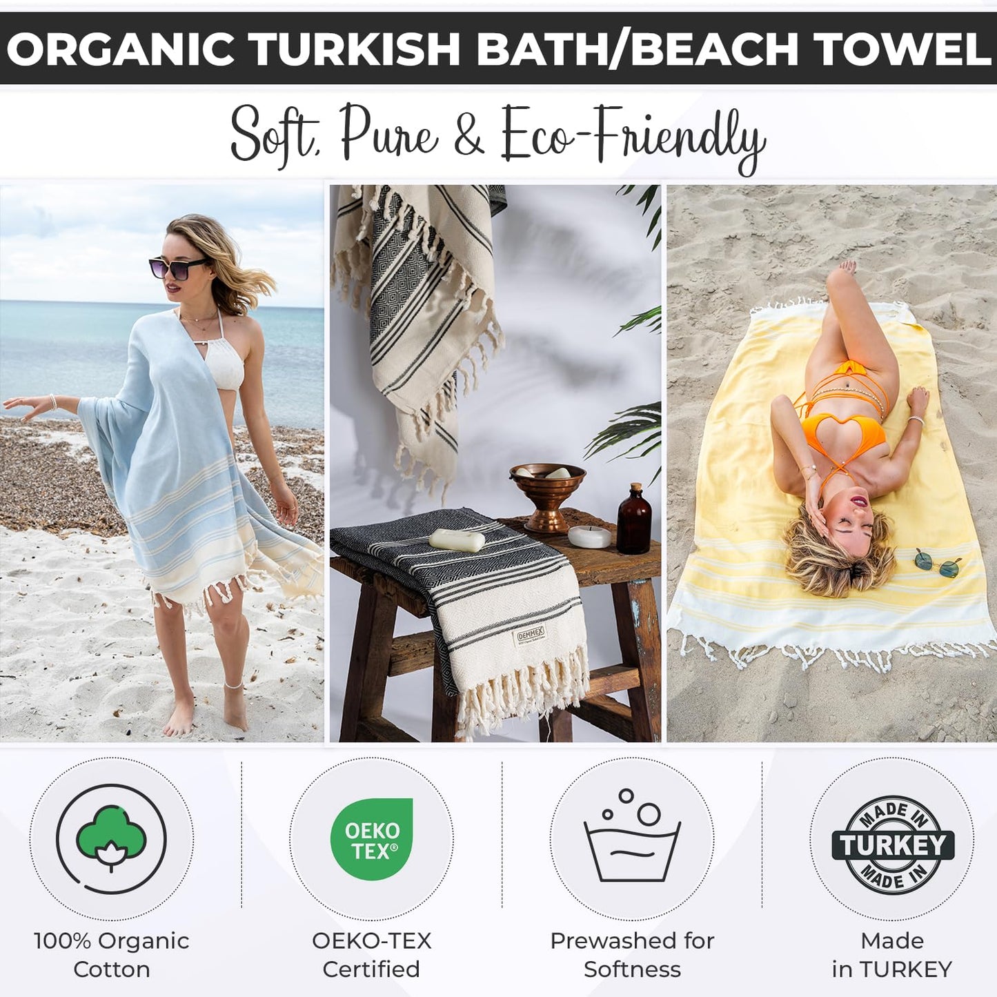 DEMMEX Organic Diamond Turkish Bath & Beach Towel | 100% Oeko-TEX Certified Turkish Cotton, Ultra-Soft, Quick-Dry, Lightweight & Oversized Luxury Peshtemal Towel, Prewashed, 180x90cm, Denim Blue