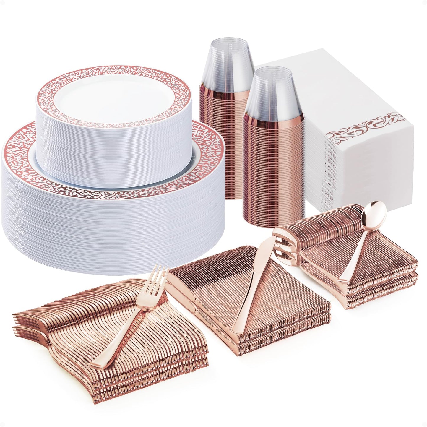 Bestluck 350PCS Rose Gold Plastic Dinnerware Set for 50 Guests, Disposable Plates for Party, Wedding, Include 50 Rose Gold Dinner Plates, 50 Dessert Plates, 50 Set Silverware, 50 Cups, 50 Napkins