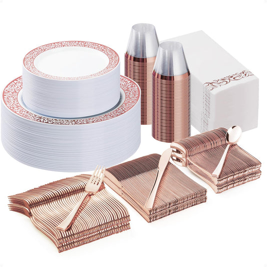 Bestluck 350PCS Rose Gold Plastic Dinnerware Set for 50 Guests, Disposable Plates for Party, Wedding, Include 50 Rose Gold Dinner Plates, 50 Dessert Plates, 50 Set Silverware, 50 Cups, 50 Napkins