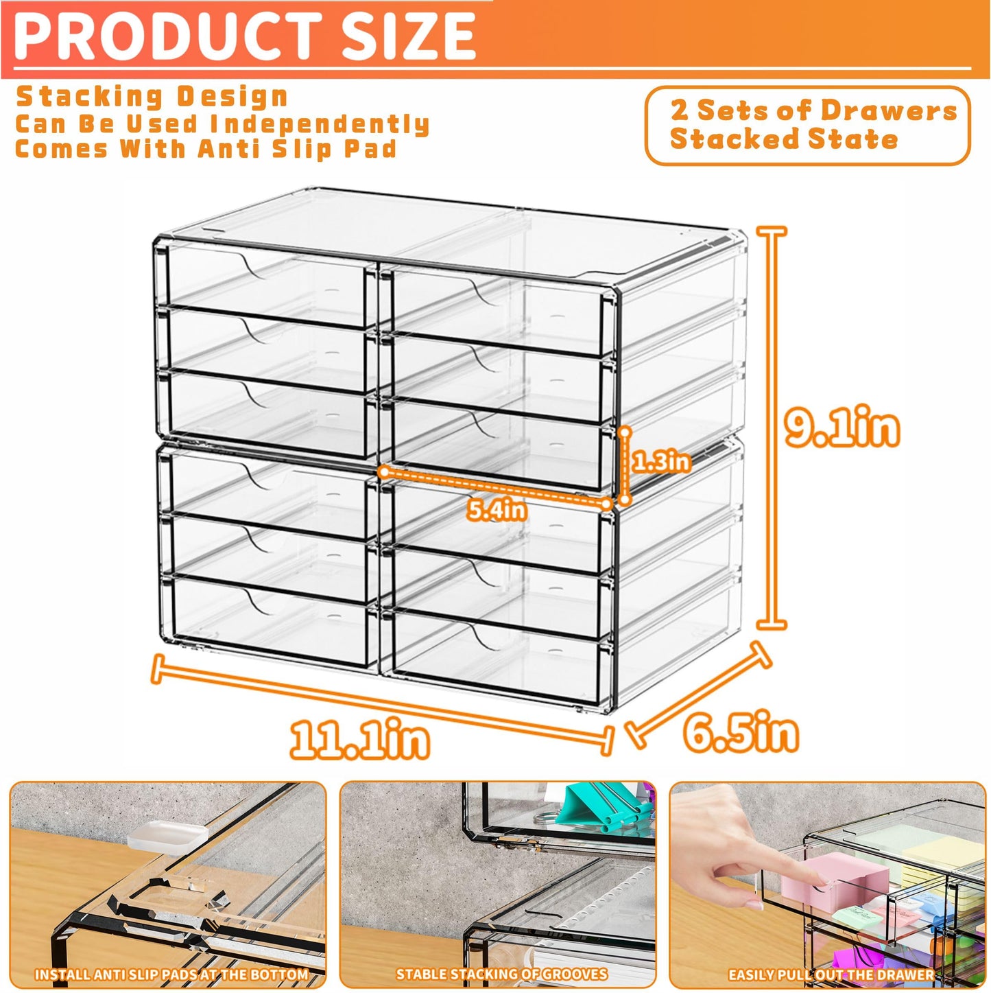 Yieach 2 Pack Acrylic Storage Drawers With 12 Small Drawer,Stackable Office Cabinet Organizer and Makeup Organizer,Clear Plastic Drawers for Craft Supply,Pen,Stationary,Accessory,Makeup,Desk Organizer