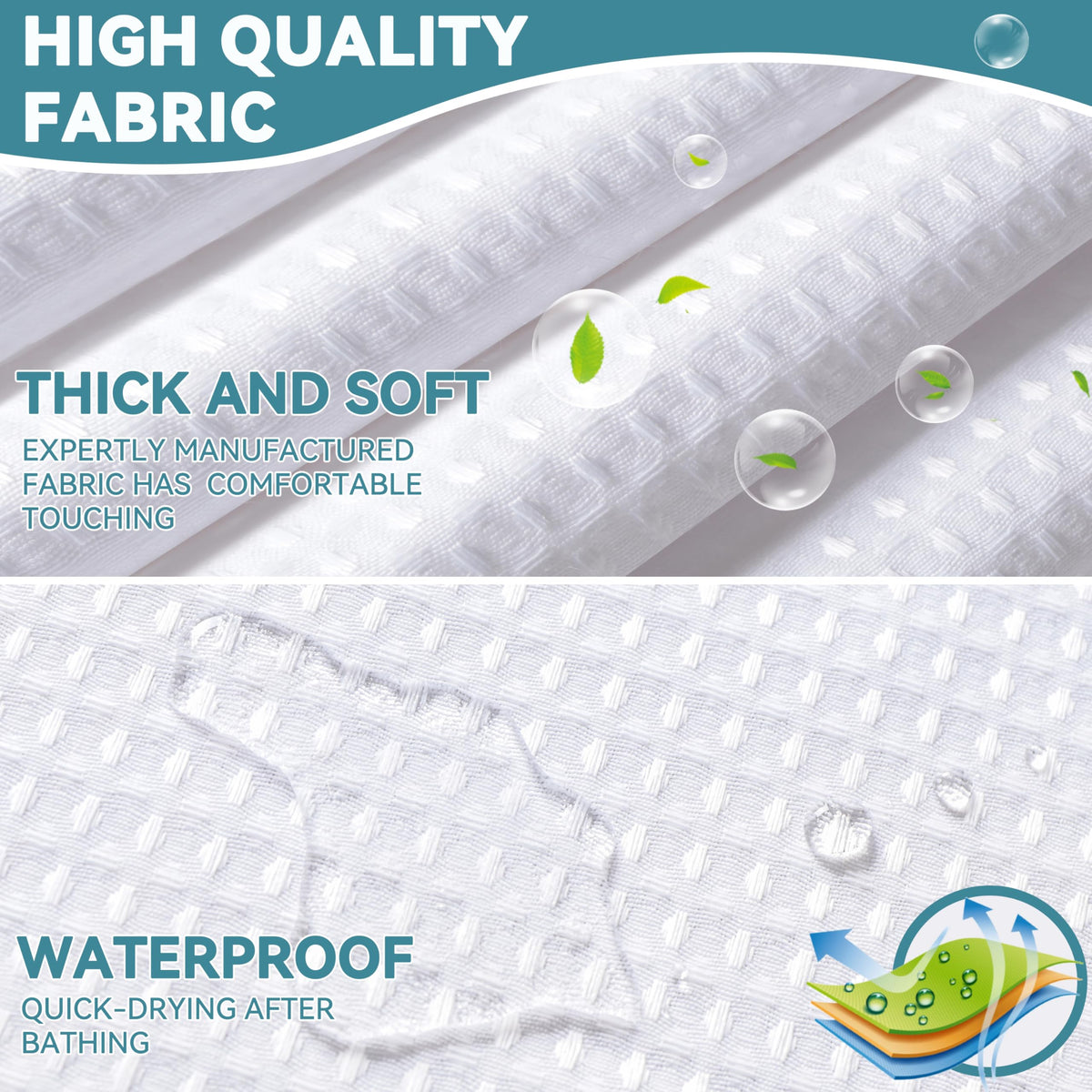 Extra Wide Fabric Waffle Weave Hotel Shower Curtain with Snap in Liner 108" x 74" for Bathroom Waterproof Machine Washable Shower Curtain (Waffle-White,108"(W) x 74"(H))