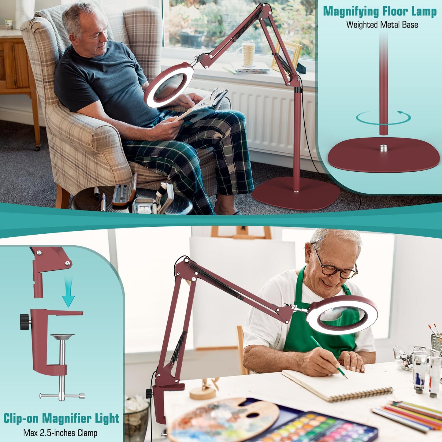 10X Magnifying Glass with Light and Stand, 3-in-1 Adjustable Swivel Arm LED Magnifying Floor Lamp, 5 Color Modes Brightness Stepless Dimming Lighted Magnifier Hands Free with Clamp for Crafts - Red