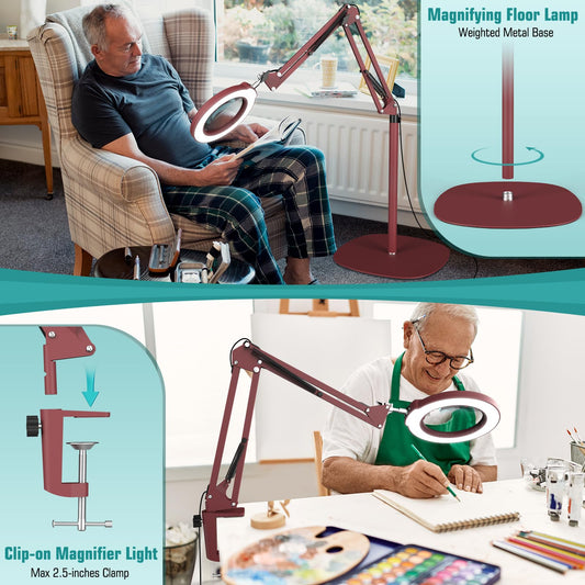 10X Magnifying Glass with Light and Stand, 3-in-1 Adjustable Swivel Arm LED Magnifying Floor Lamp, 5 Color Modes Brightness Stepless Dimming Lighted Magnifier Hands Free with Clamp for Crafts - Red