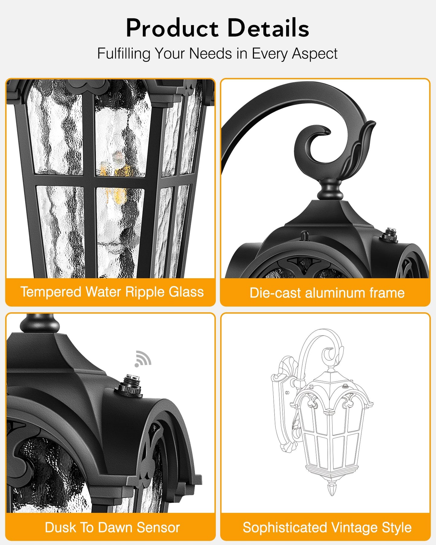 VIANIS Outside Lights for House, Dawn to Dusk Light Fixture, Black Classic Wall Lantern Fixture with Water Ripple Glass, 100% Aluminum Outdoor Sconce Lights Wall Mount, Coach Light for Garage Porch