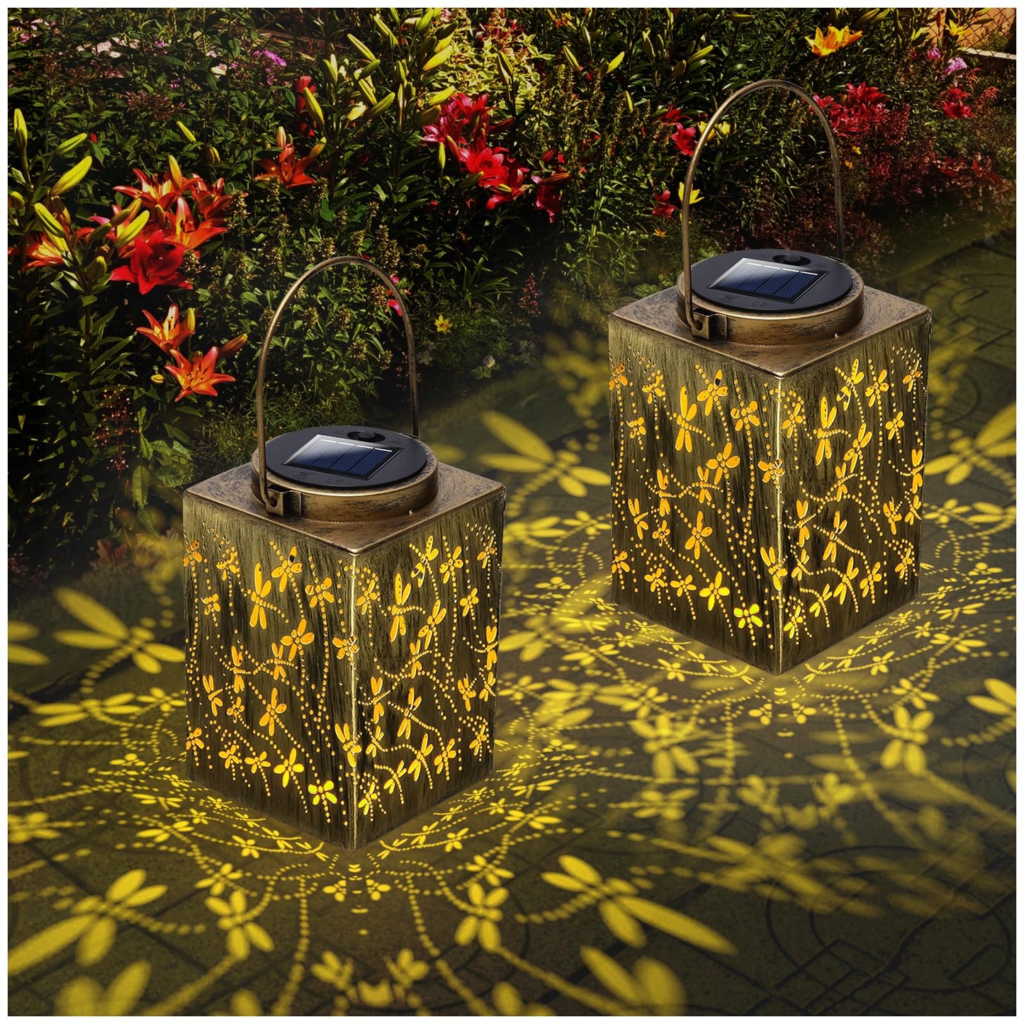 YWYWLED 2 Pack Solar Lanterns - Waterproof Metal Hanging Solar Lights Outdoor Decorative, Solar Powered LED Lamp for Patio Tabletop Porch Deck Yard Garden Decor for Outside (Dragonfly)