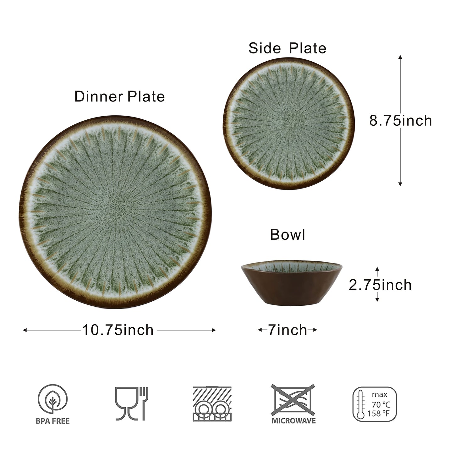 Gufaith 12 Pcs Melamine Dinnerware Sets, Melamine Plates, Plates and Bowls Sets, Camping Dishes Set for 4, Unbreakable, BPA Free, Dishwasher Safe(Classic Green)