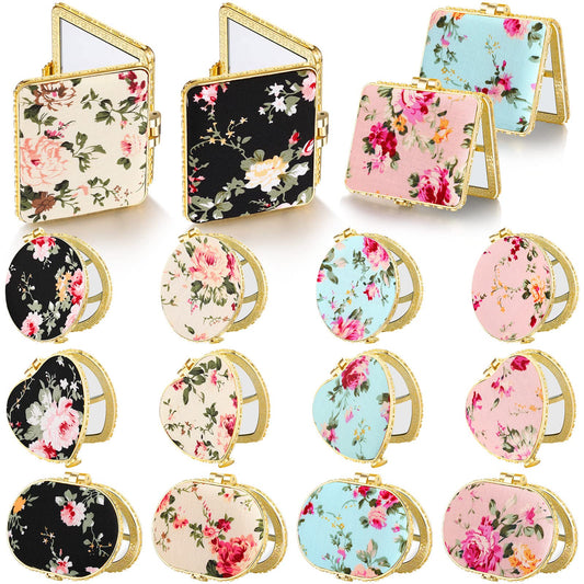 Blulu 16 Pcs Compact Mirrors for Purse Bulk Small Flower Pocket Mirror Vintage Portable Floral Folding Tea Party Favors Return Gifts for Women Christmas Birthday Wedding Makeup Travel(Gold Edge)