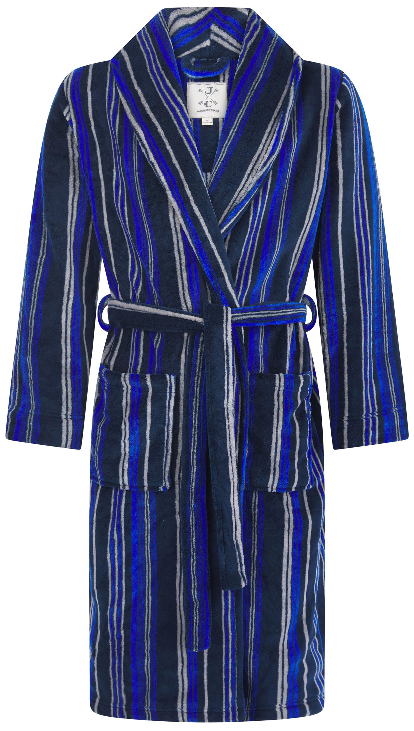 John Christian Men's Fleece Robe, Navy, Royal Blue and Light Gray Stripes, Navy, Blue and Gray, XX-Large
