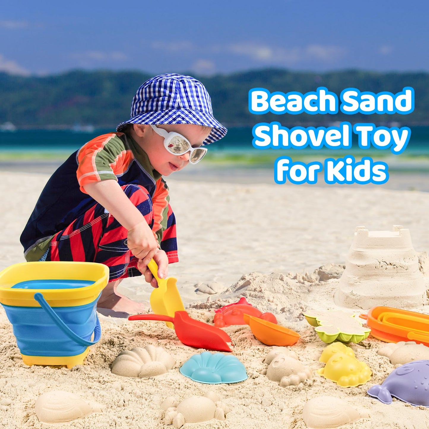 Kids Beach Sand Toys with 2 Collapsible Beach Sand Buckets, Big Size Sand Molds, 2 Mesh Shell Bags, Shovels Set Travel Sandbox Toys for Toddler Ages 3-10