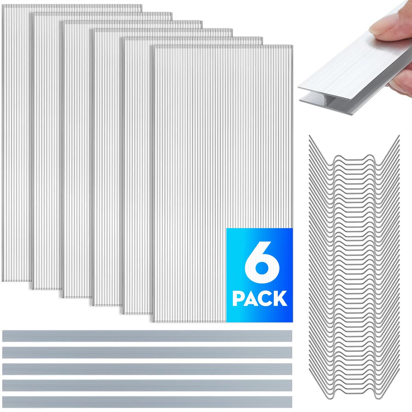 6pack Polycarbonate Greenhouse Panels, 4' x 2' x 0.24" Thickness Twin Wall Polycarbonate Sheets with 5Pcs Aluminum Connecting Strips & 50Pcs W Clips, UV Protected Clear Plastic Roof Panels