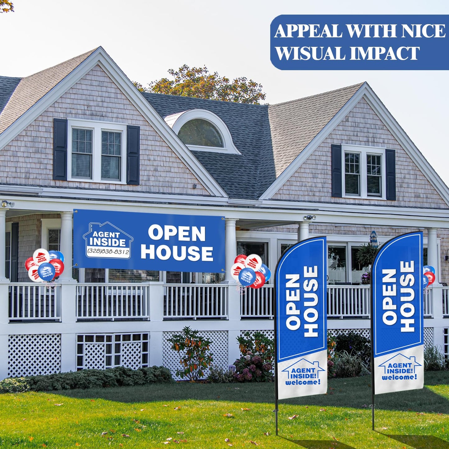 Cevicant Open House Flags Kit: Light Blue, Aluminum & Polyester, Open House Signage Kit, Sign, Attention-Grabbing, Festive, Real Estate, 8ft x 96in Banner, 30 Balloons