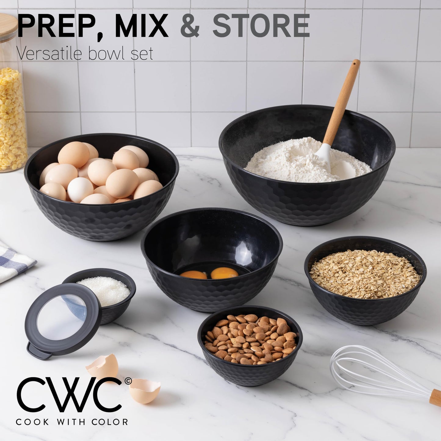 Cook with Color Mixing Bowls with Lids - 12 Piece Plastic Nesting Bowls Set Includes 6 Prep Bowls and 6 Lids, Non Slip Bottom and Embossed Design - Microwave Safe (Black)