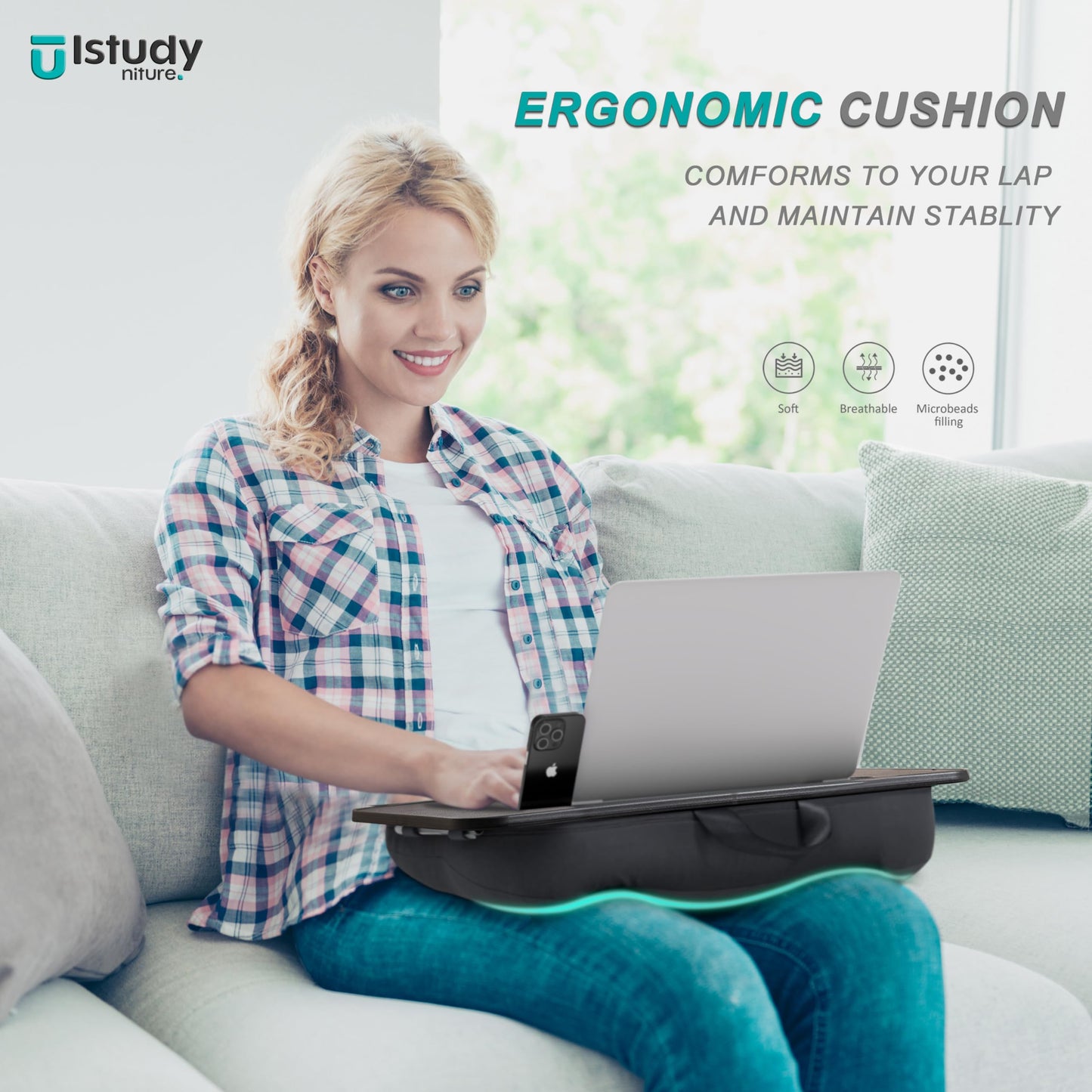 Lap Desk, Portable Laptop Lap Desk with Pillow Cushion, Fits up to 15.6 inch Laptop, Laptop Stand with Device Ledge and Phone Holder, for Home Office, Black, ISTUDYNITURE(Small)