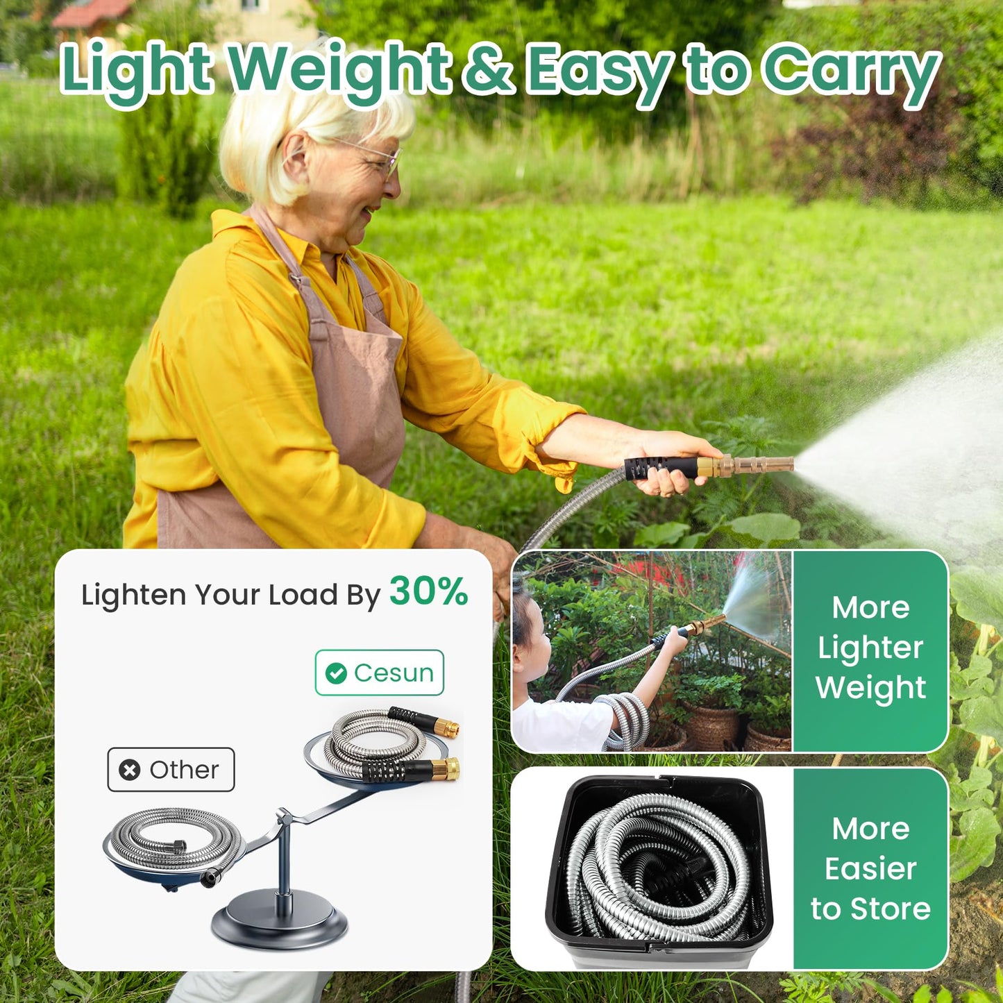 Cesun 50 Feet 304 Stainless Steel Metal Garden Hose with Solid Brass Nozzle, Lightweight Portable Durable Cool to The Touch, Flexible and No Kink, Tangle Puncture Resistant (50 Feet Upgraded)