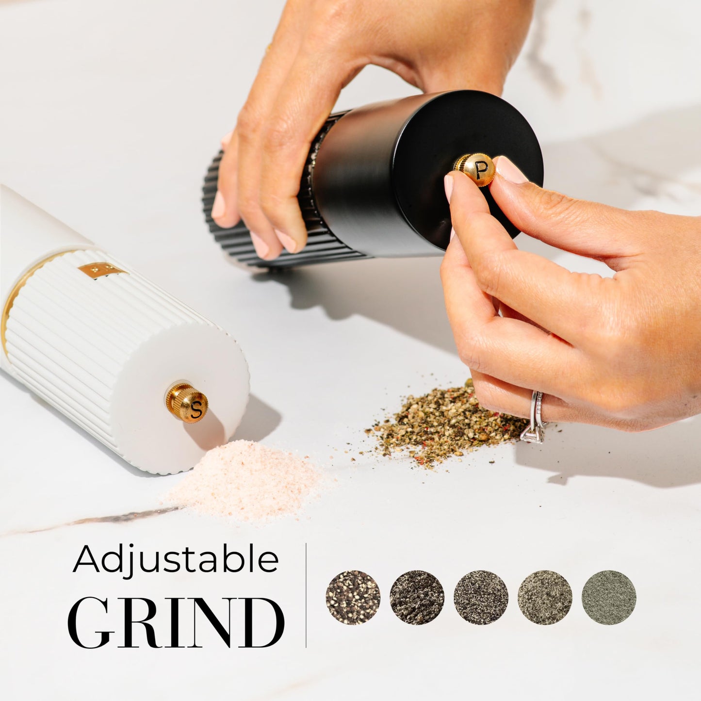 Styled Settings White and Black Salt and Pepper Grinder Set with Gold Accents – Set of Two Refillable Wooden Manual Grinders with Adjustable Ceramic Mills & Matching Wooden Stand - Ideal for Gifting