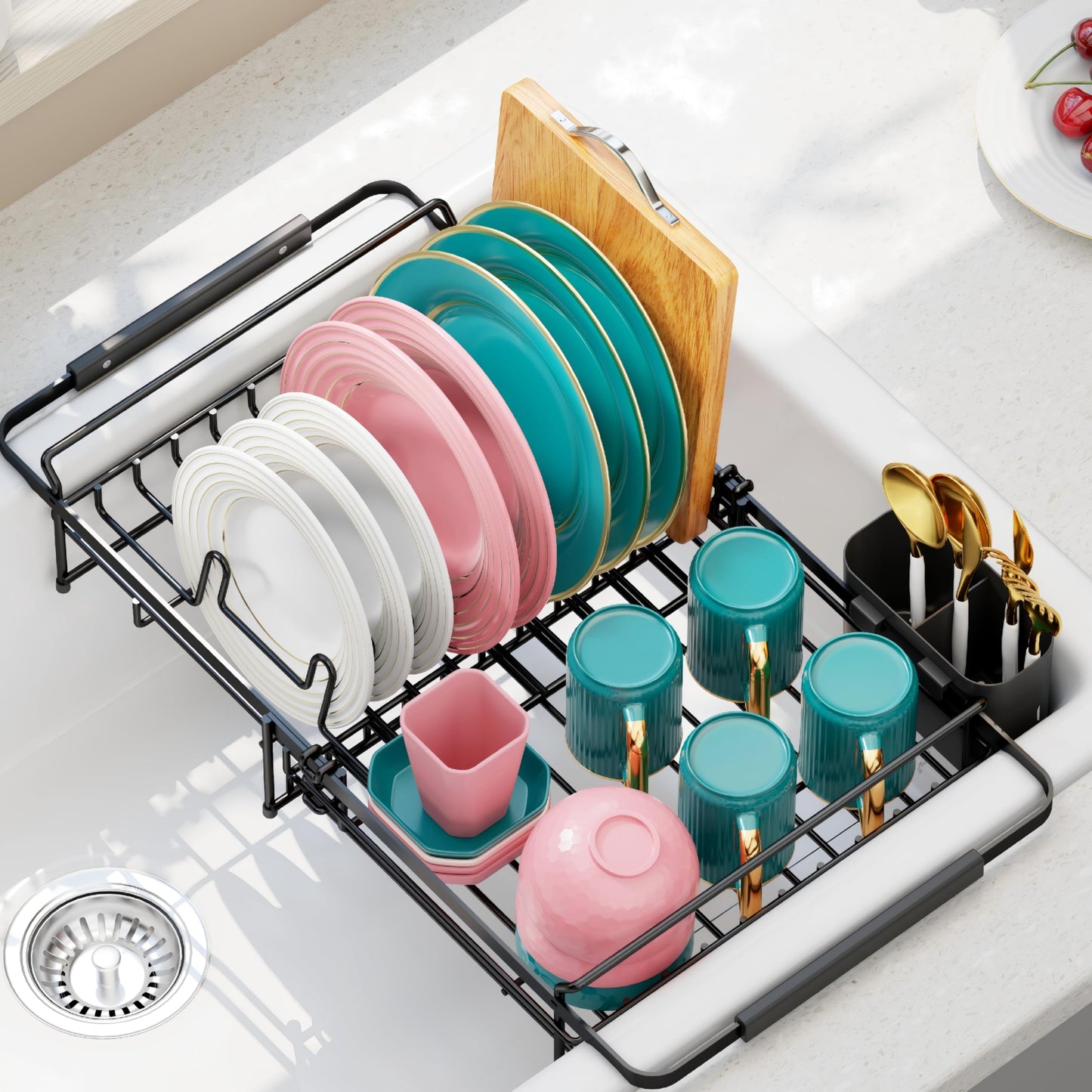 Urackify Expandable Dish Drying Rack Over The Sink, Adjustable Dish Rack in Sink, Rustproof Dish Drainer for Kitchen Counter, Dish Strainer with Utensil Holder, 13.07" ~ 21.2" X 11.2" X 3.2", Black