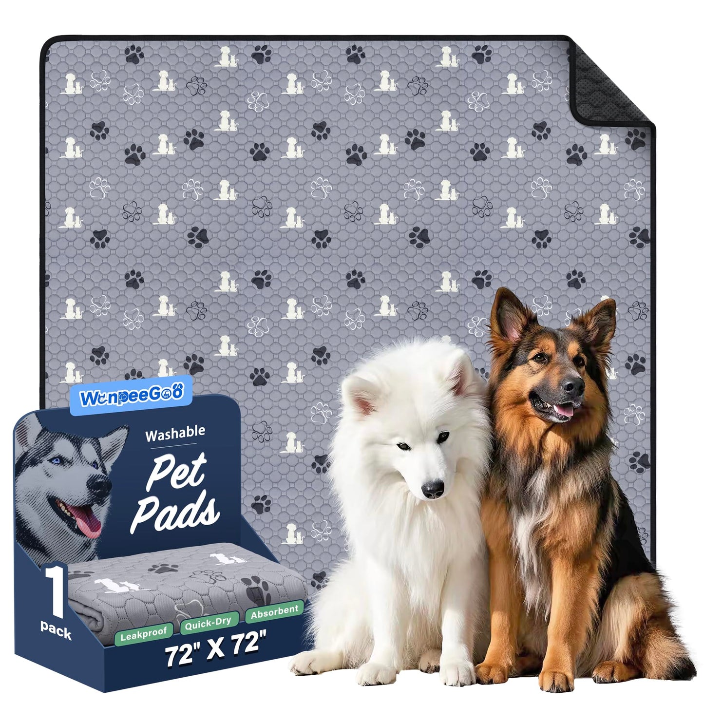 WanpeeGoo Washable Dog Pads - Extra Large Reusable Training Mat, Absorbent Non-Slip Potty Pads for Dogs, Grey 72"x72"
