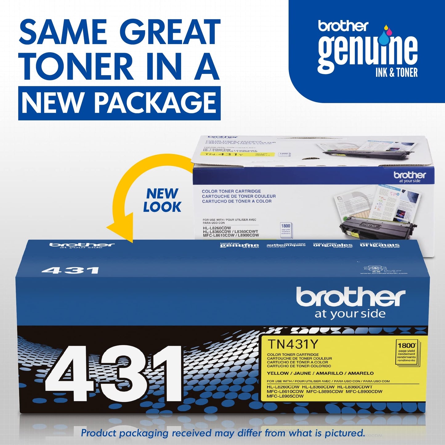 Brother original TN431Y Standard Yield Yellow Toner Cartridge, original toner replacement cartridges, toner for Brother laser printers HL-L8360CDW, HL-L9310CDW, MFC-L8610CDW, MFC-L8900CDW, and more
