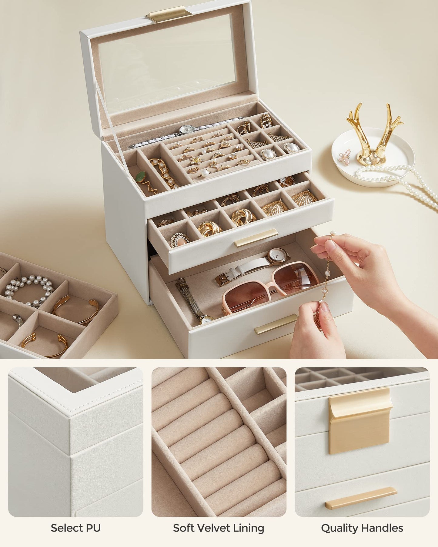 SONGMICS GISELLA Collection - Jewelry Box Organizer, 4-Layer Jewelry Storage with 3 Drawers, Shiny Metal Hardware, Glass Lid, Modern, 15.3 x 25.1 x 21.5 cm, Cloud White and Gold Color UJBC161W01