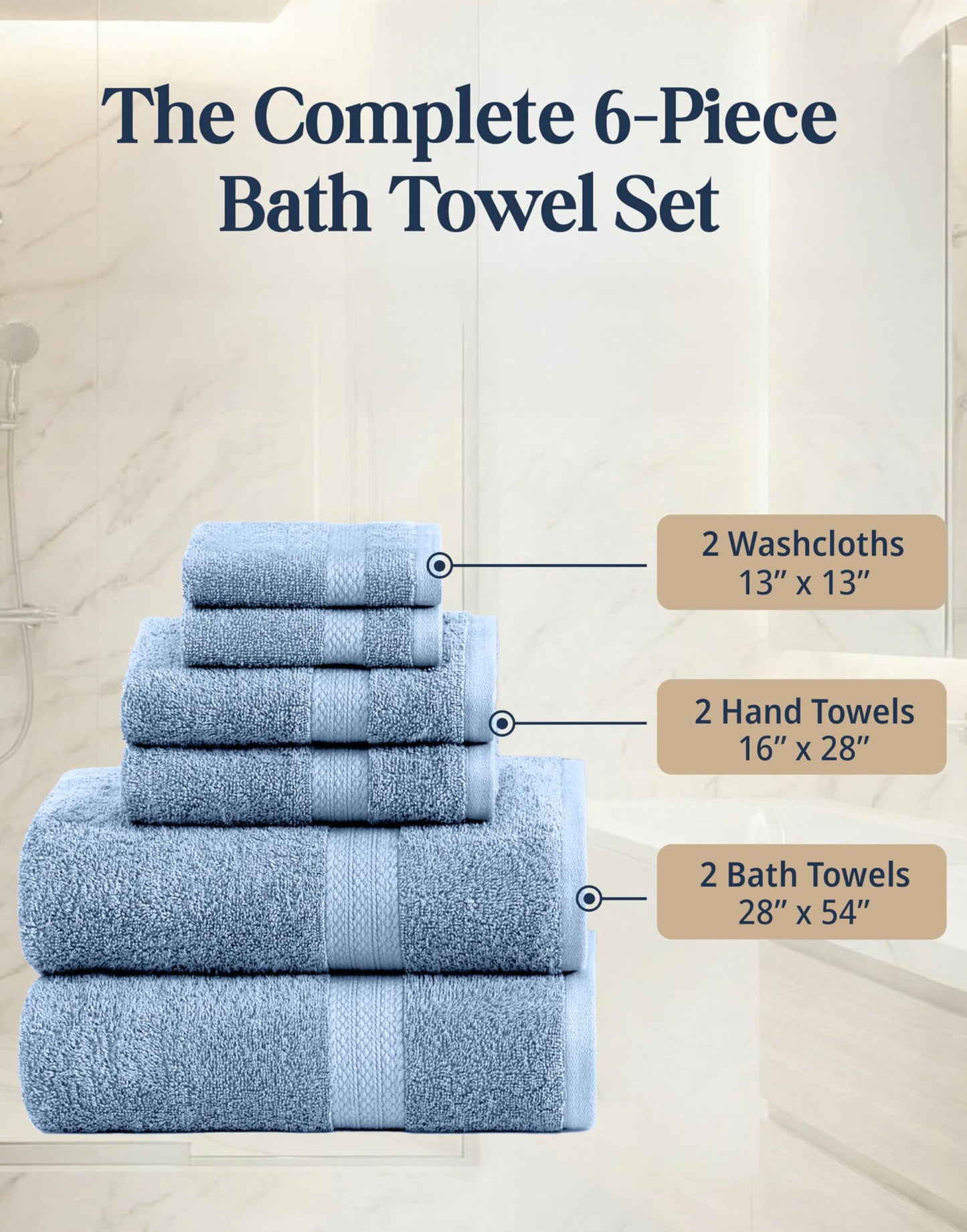 6 Piece Bath Towel Set - 100% Cotton Bathroom Towels, Extra Large Bath Towels, Hotel Towels, 2 Bath Towels Bathroom Sets, 2 Hand Towel for Bathroom, 2 Wash Cloths for Your Body and face - Allure
