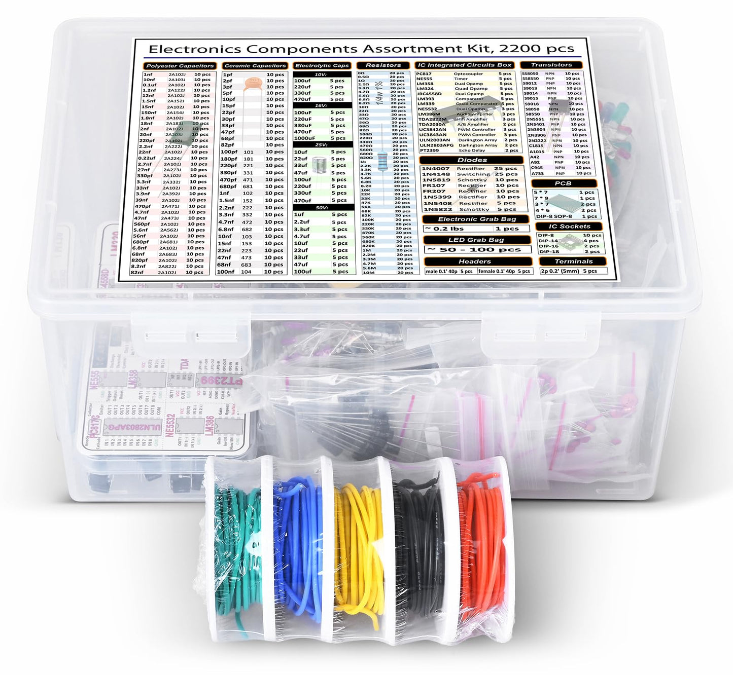 Interstellar Electronics Components Assortment Kit, Grab Bag, IC, Opamp,Resistors, Polyester Capacitors, LED, PCB, Diodes, Transistors, 2000 pcs