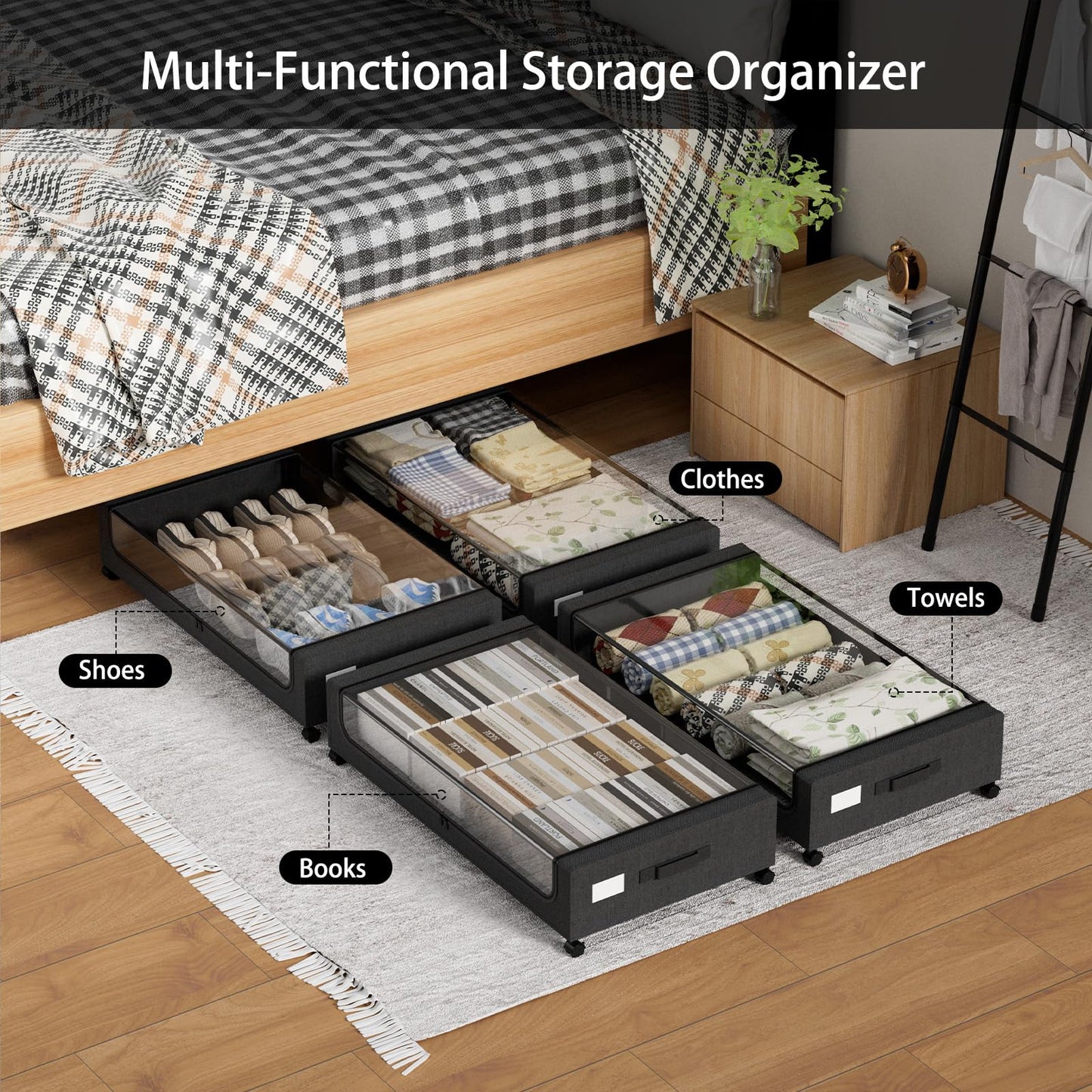 TRUORA 2 Pack Under Bed Storage with Wheels, XXL Underbed Storage Containers with Wheels, Clear Window, Easy Pull-out, Rangement Sous le Lit for Clothes, Blankets, Toys, Shoes and Books