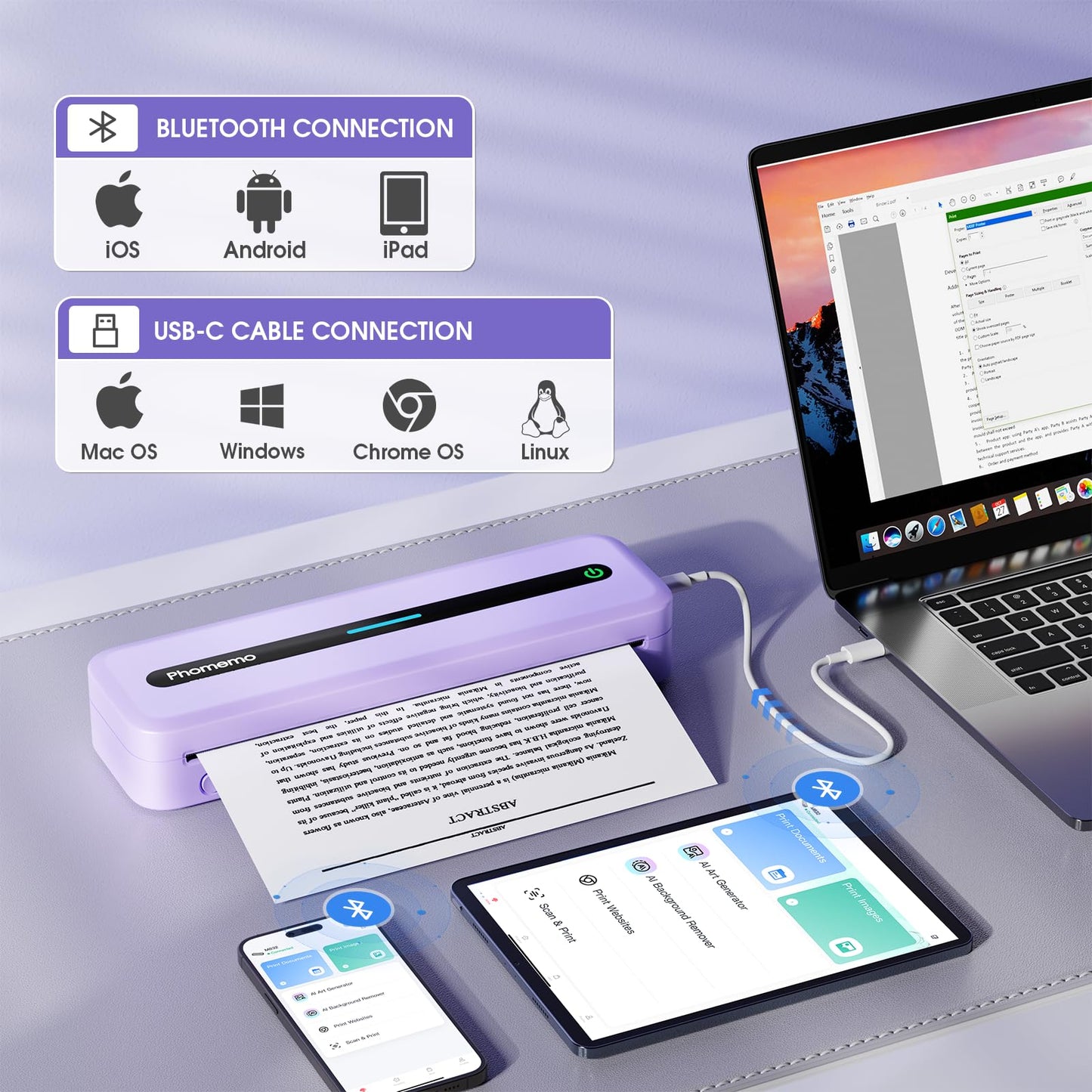 Phomemo M832 Portable Thermal Printer, Portable Printers Wireless for Travel, Inkless Bluetooth Printer for Phone Laptop, Small Printer Support 8.5'' x 11''/A4/4.33''/3.15''/2.08'' Thermal Paper