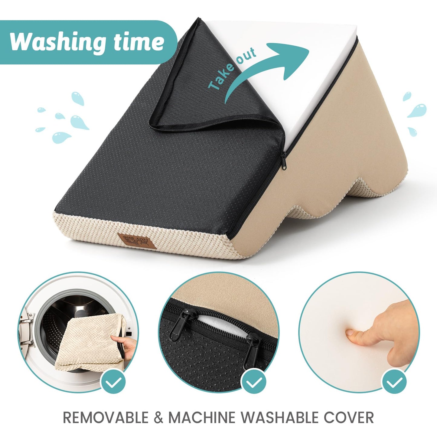 COZY KISS Dog Stairs for Small Dogs 15.7" H, Pet Step with Leakproof Cover, High Density Foam Cat Ramp for Couch, Sofa or Chair, Lightweight, Durable, Comfort, 15.7x22.4x15.7 inch, 3 Step, Beige